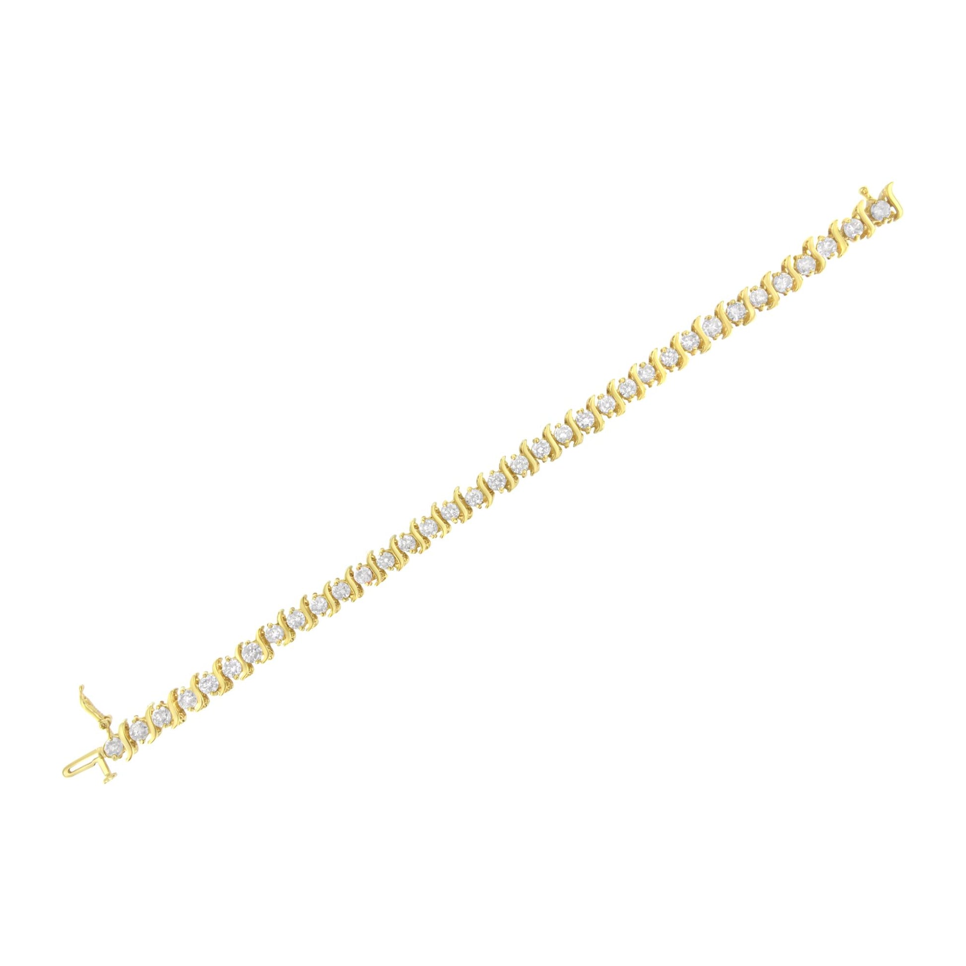 Yellow bracelet with a row of round white gemstones in prong settings, shown lying flat at a slight diagonal angle.