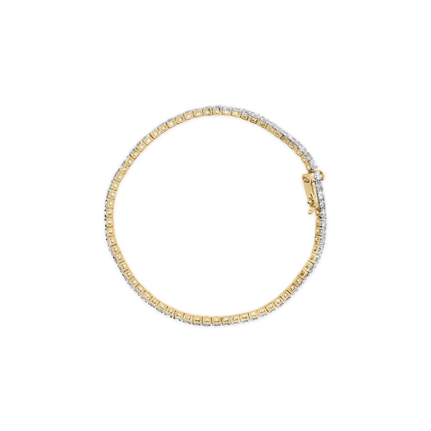 Top-down view of a yellow metal bracelet with round brownish gemstones set in four-prong settings all around, shown against a white background.