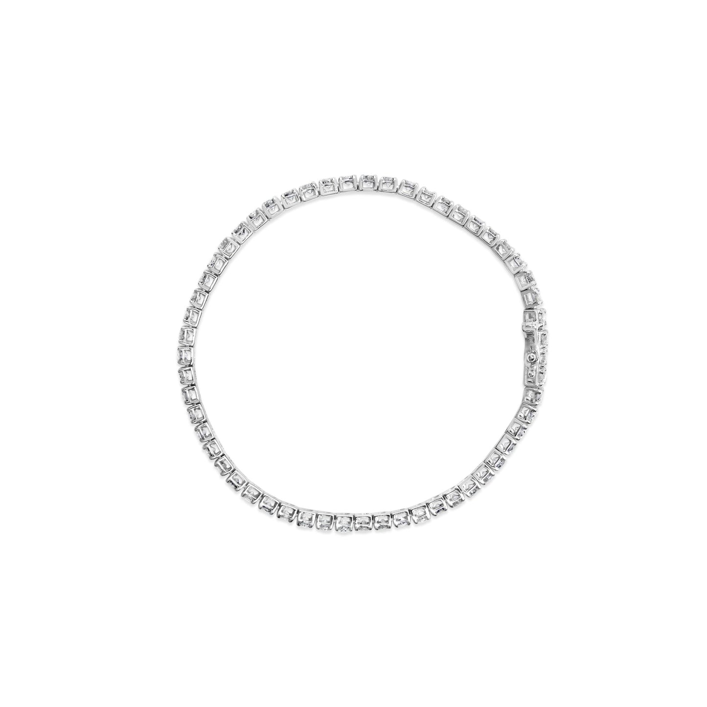 Top view of a white bracelet with round white gemstones set in 4-prong settings forming a continuous circle, shown on a white background.