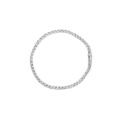 Top view of a white bracelet with round white gemstones set in 4-prong settings forming a continuous circle, shown on a white background.