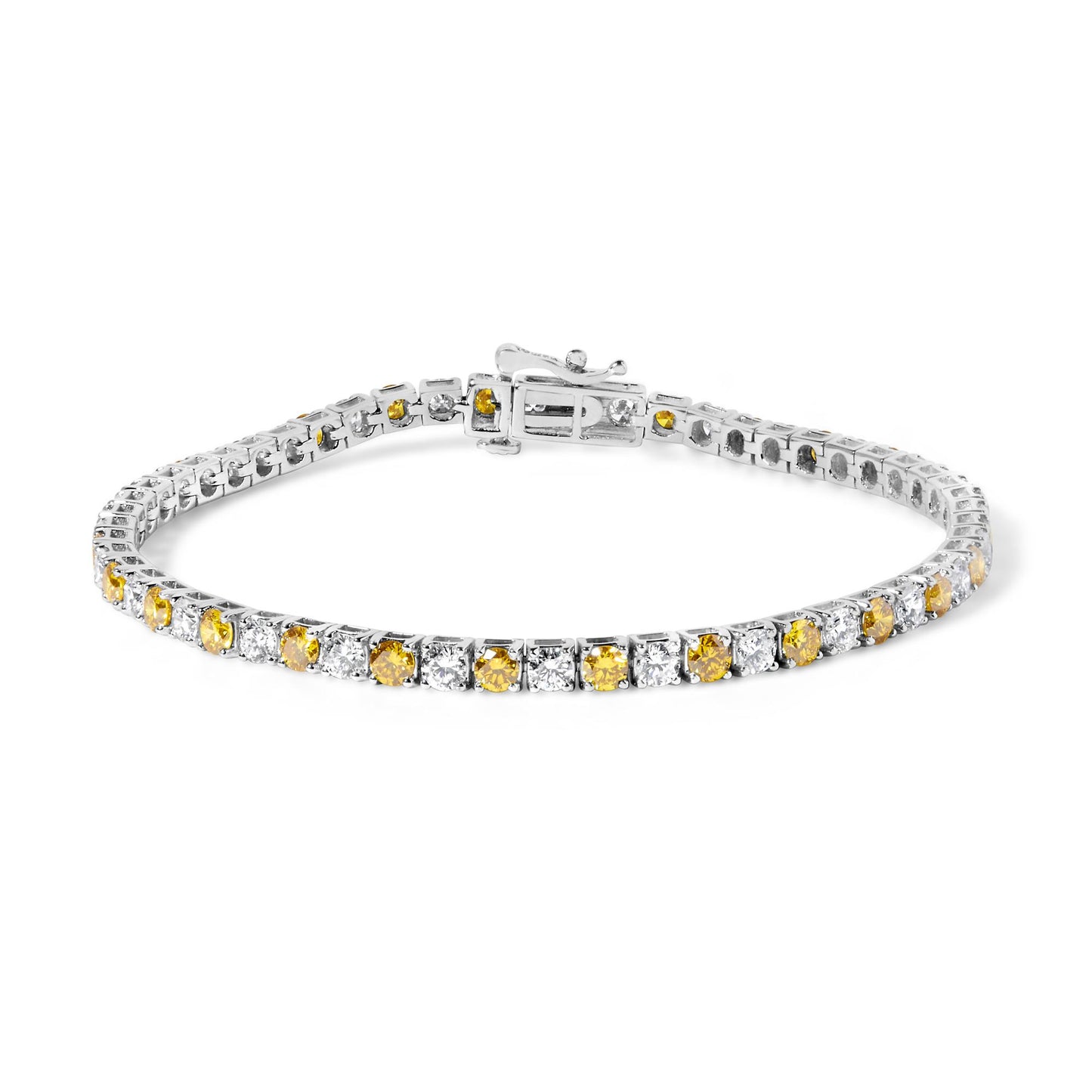 White metal bracelet with alternating round yellow and white gemstones in four-prong settings, shown from a slightly elevated front angle.