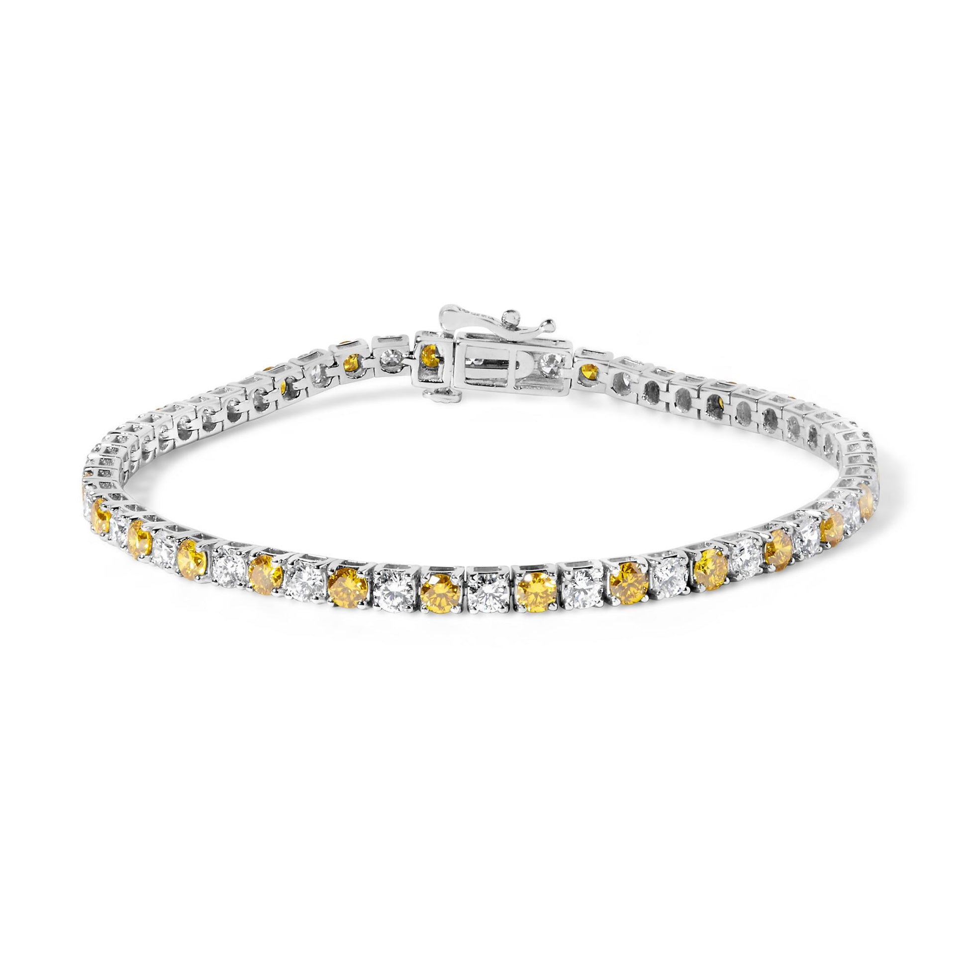 White metal bracelet with alternating round yellow and white gemstones in four-prong settings, shown from a slightly elevated front angle.