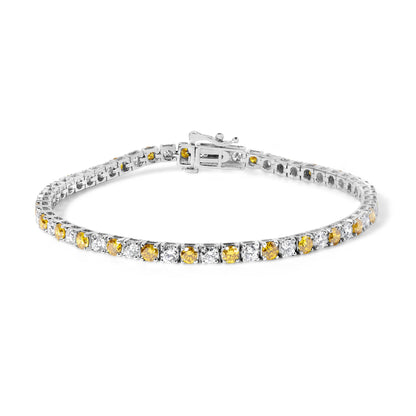 White metal bracelet with alternating round yellow and white gemstones in four-prong settings, shown from a slightly elevated front angle.