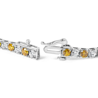 Close-up image of a white metal bracelet clasp with alternating yellow and white round gemstones in a 4-prong setting shown from a front side angle.