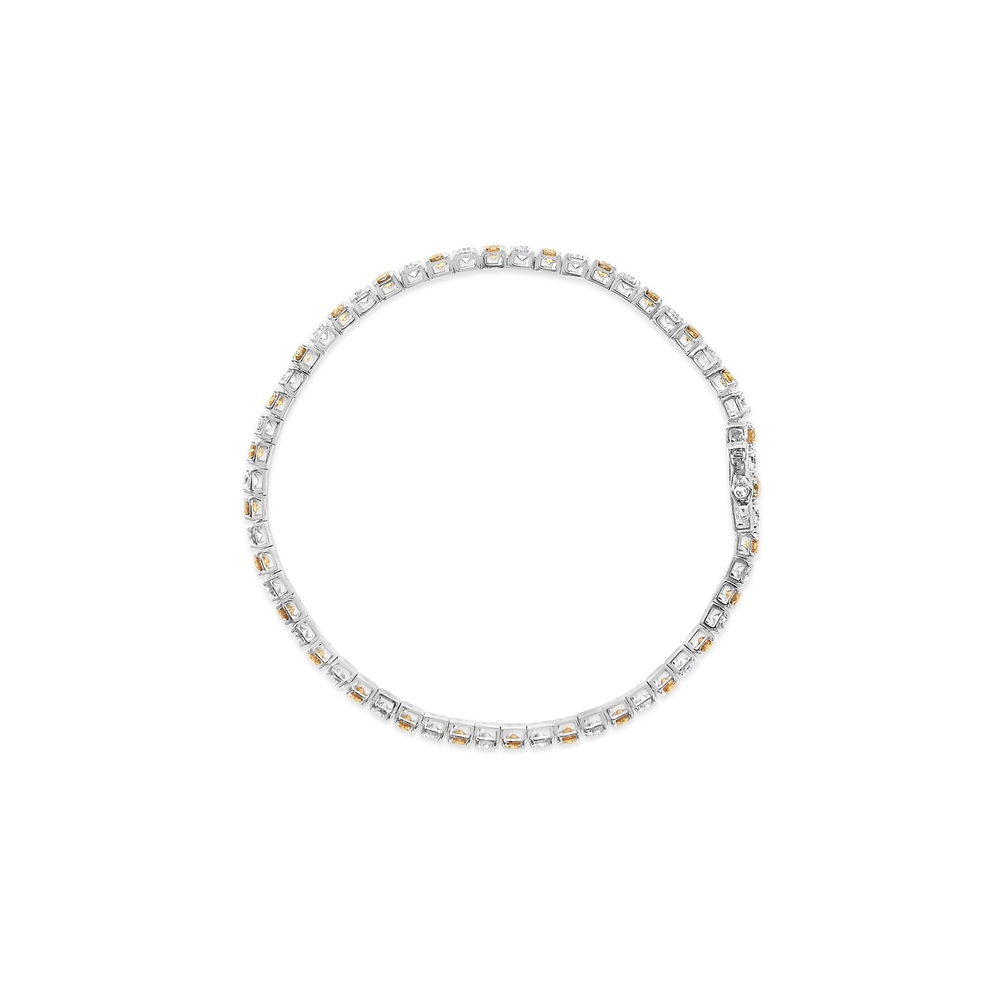 Top-down view of a white bracelet featuring alternating yellow and white round gemstones in 4-prong settings encircling the piece.