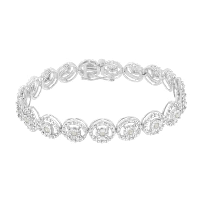 White metal bracelet with circular linked design each set with a round white gemstone in prong settings, shown in a front angle view.