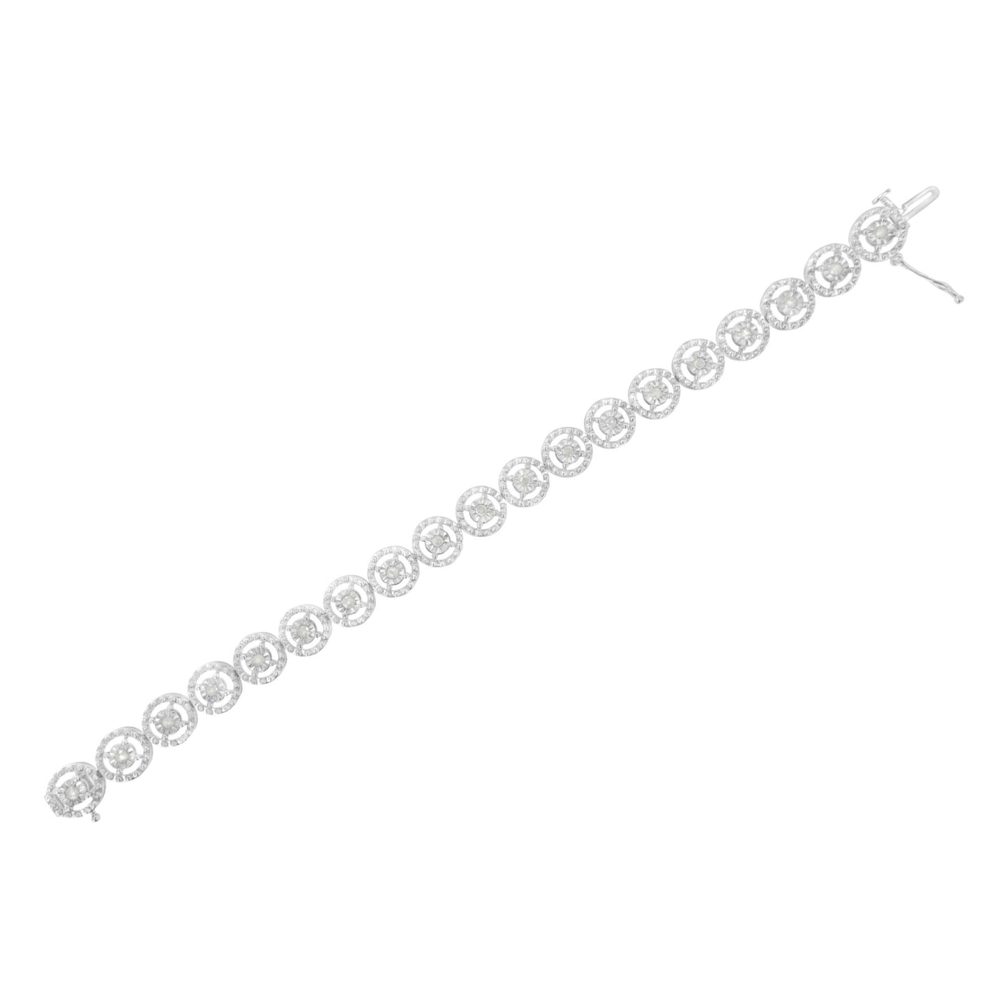 Top-down view of a white bracelet featuring circular links each set with a round white gemstone in a prong setting, laid flat on a white background.