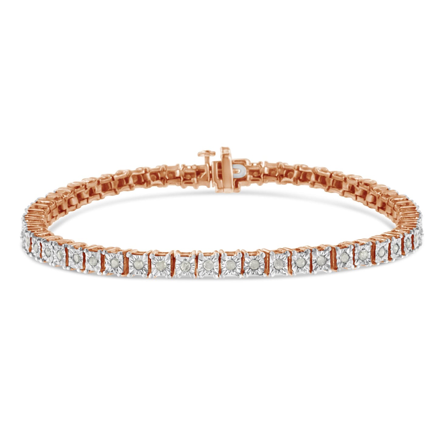 Rose metal bracelet with round white gemstones in miracle setting, shown from a front angle on a white background.