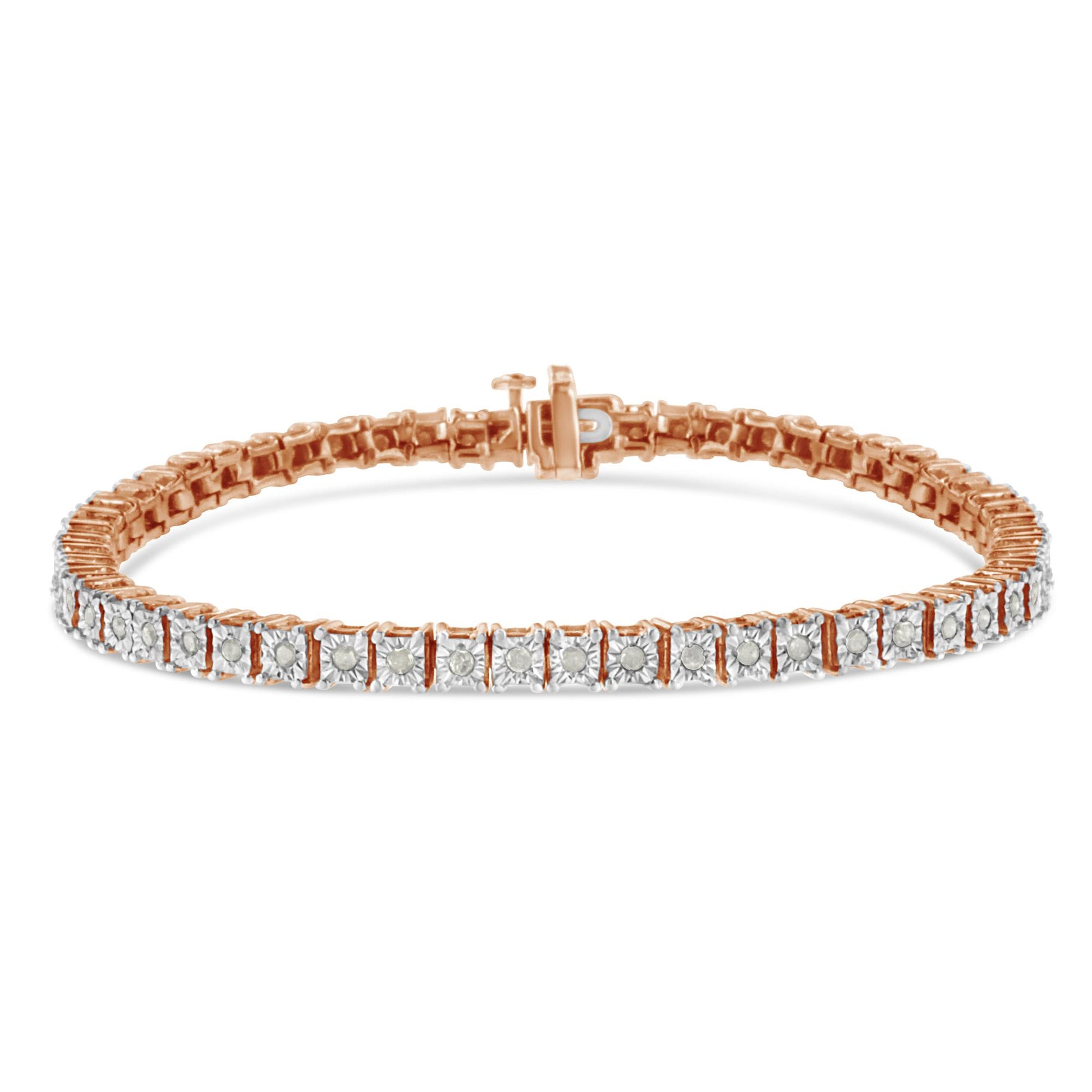 Rose metal bracelet with round white gemstones in miracle setting, shown from a front angle on a white background.