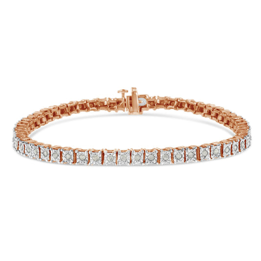 Rose metal bracelet with round white gemstones in miracle setting, shown from a front angle on a white background.