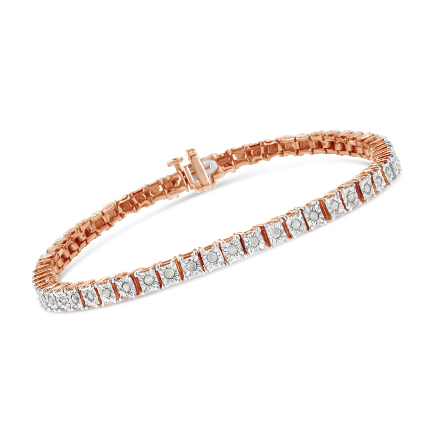 Rose metal bracelet with round white gemstones in miracle setting, shown at a slight angle.