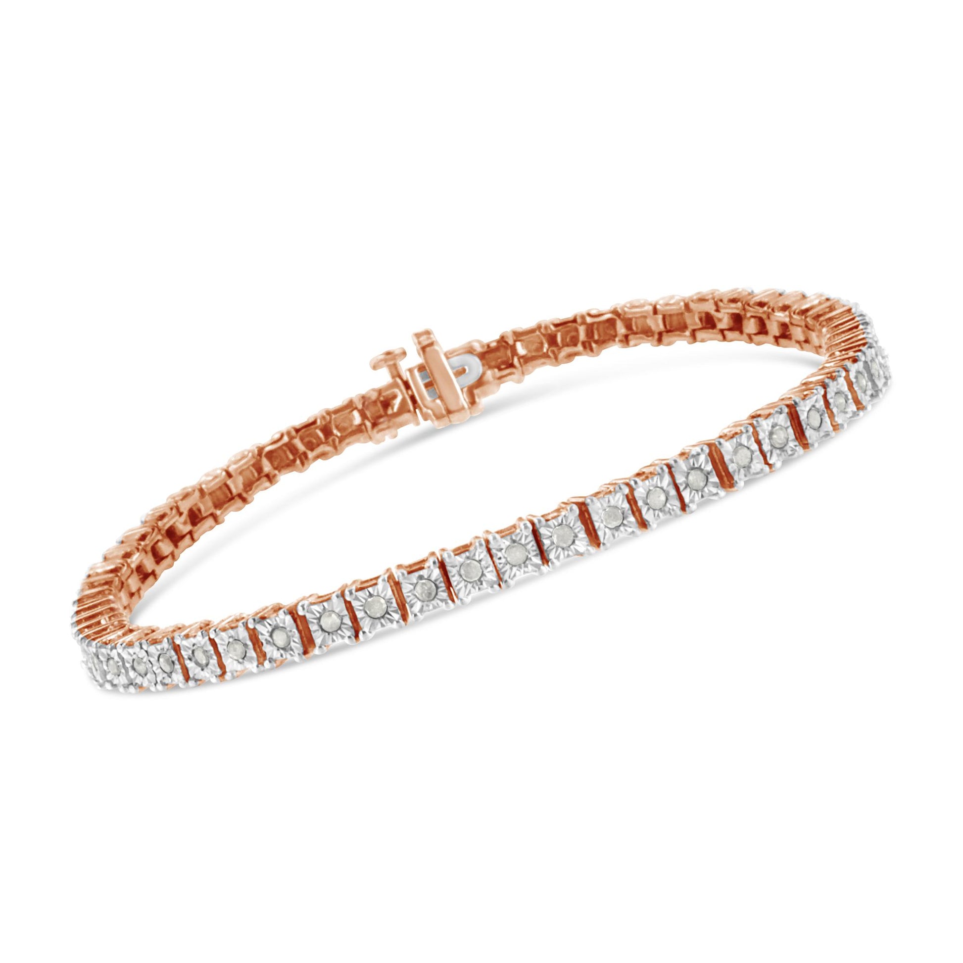 Rose metal bracelet with round white gemstones in miracle setting, shown at a slight angle.