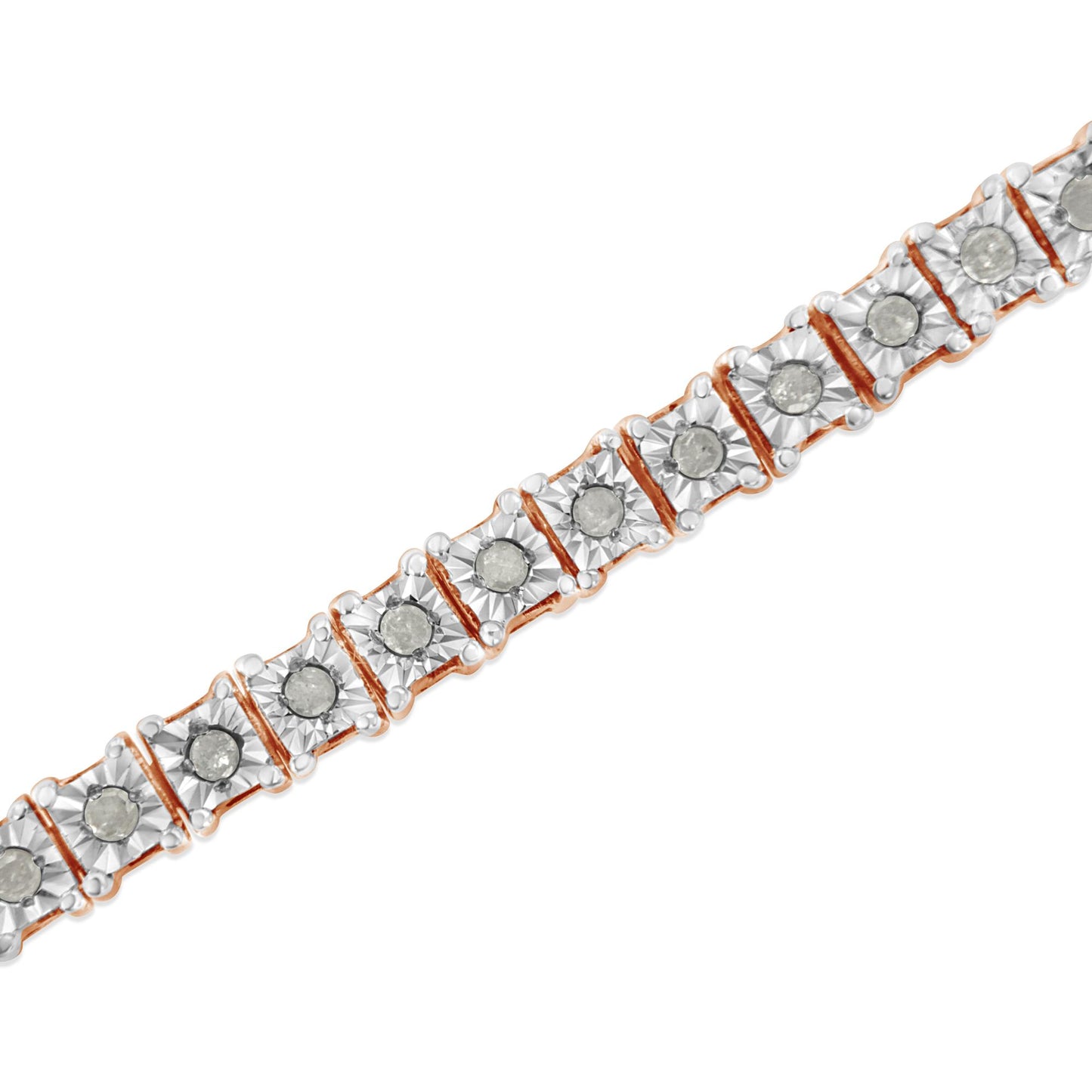 Rose metal bracelet with round white gemstones in miracle settings, shown in a close-up angled view.