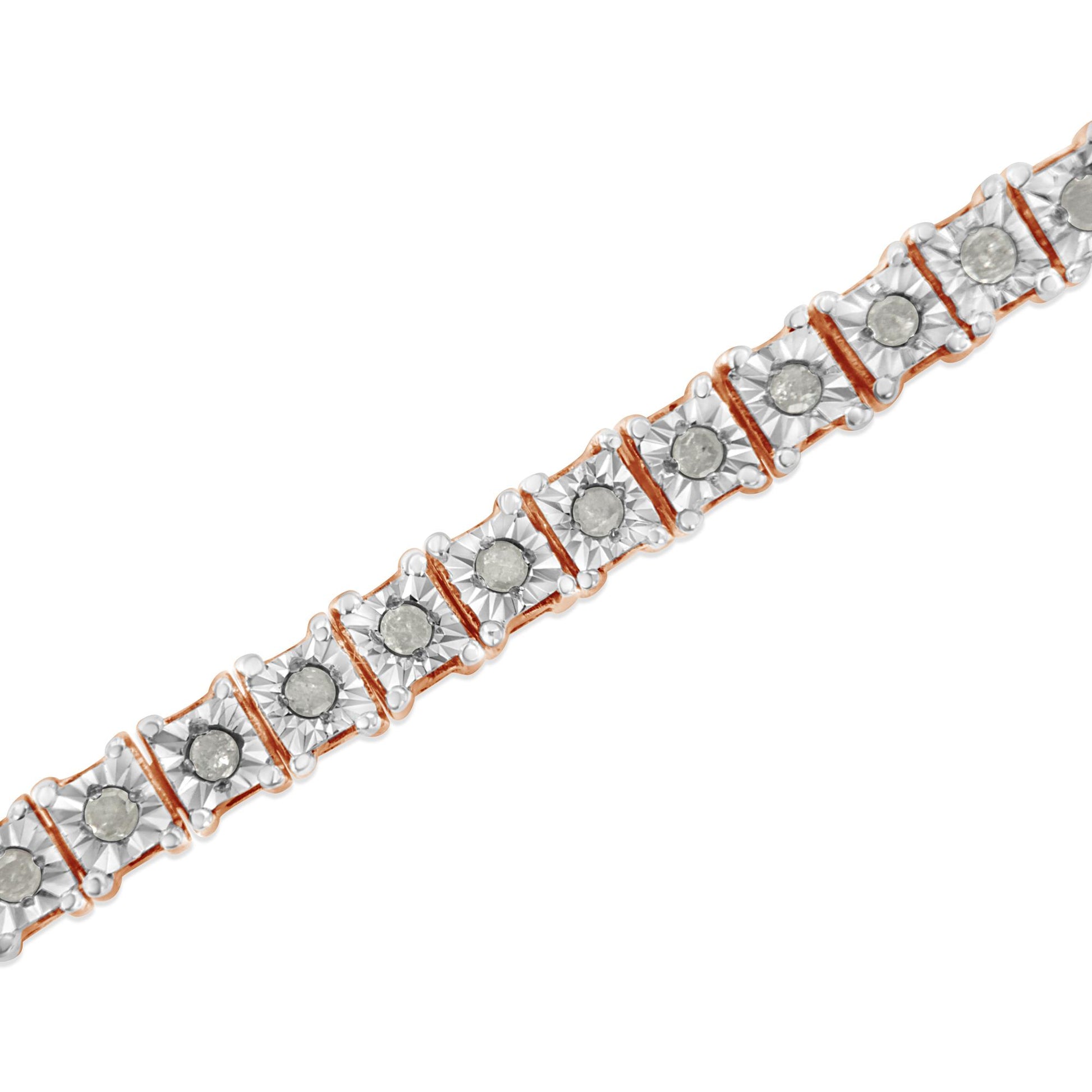Rose metal bracelet with round white gemstones in miracle settings, shown in a close-up angled view.
