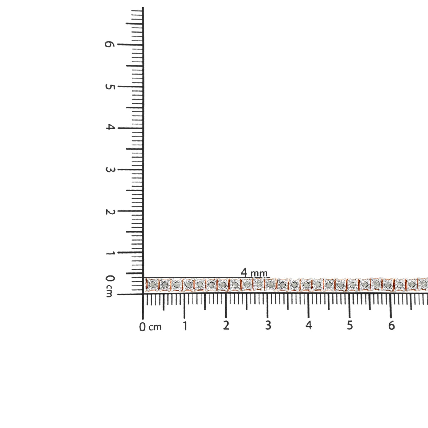 Rose-colored bracelet with round white gemstones in miracle setting, displayed horizontally on a ruler for size reference.