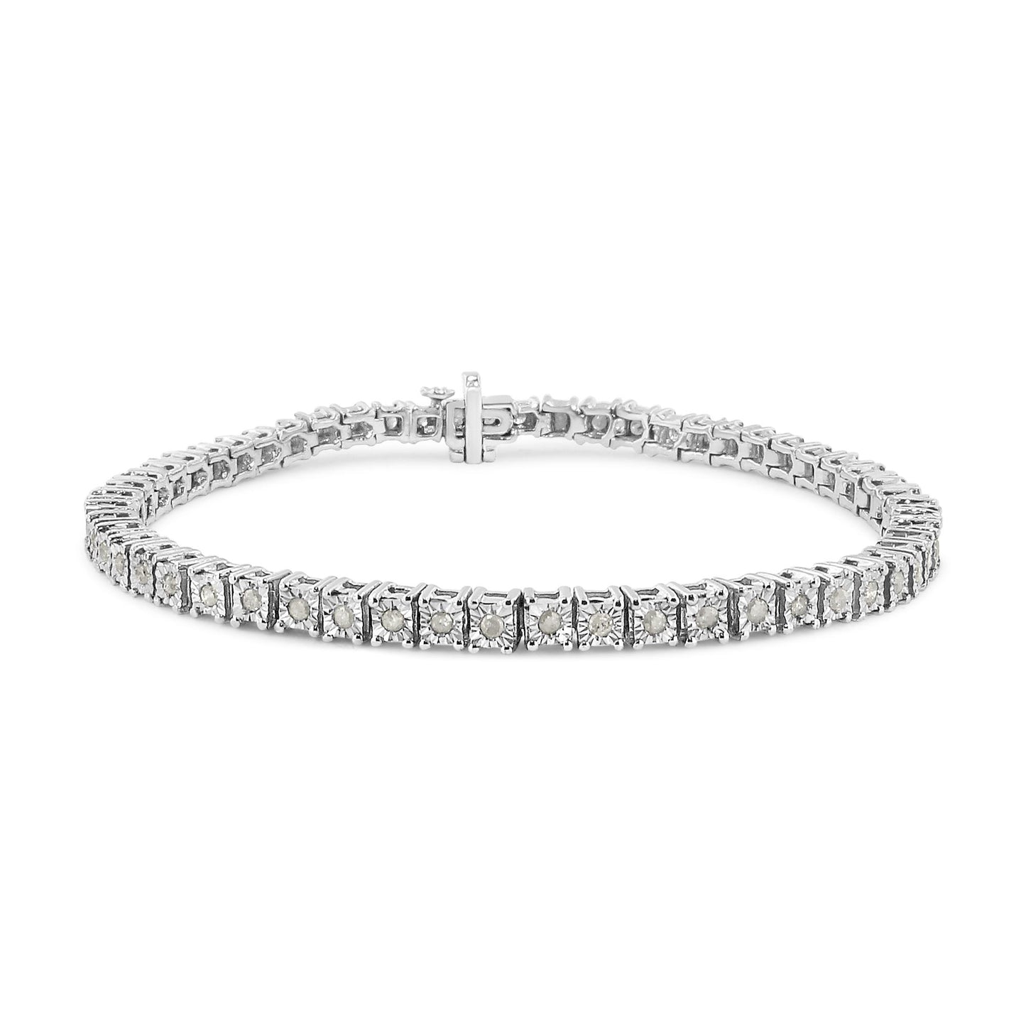 White metal bracelet with round white gemstones in a miracle setting, shown from a slight front angle.