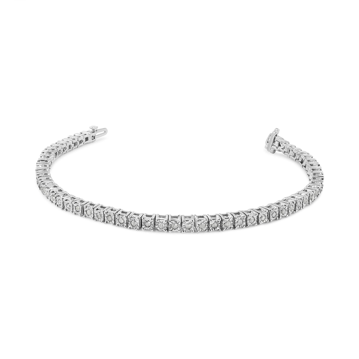 White bracelet with round white gemstones in miracle setting, shown at a slight angle.