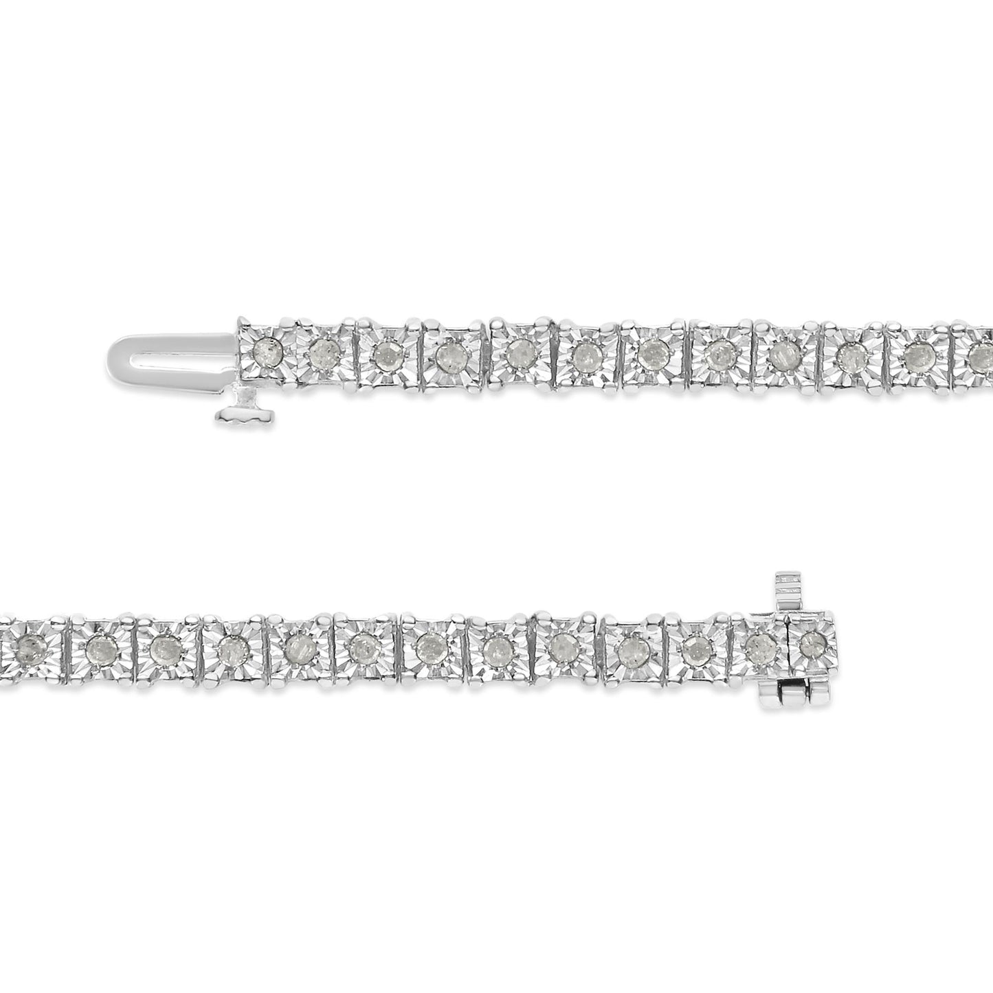 Close-up shot of a white metal bracelet with round white gemstones set in a miracle setting, shown from the top with the clasp visible.