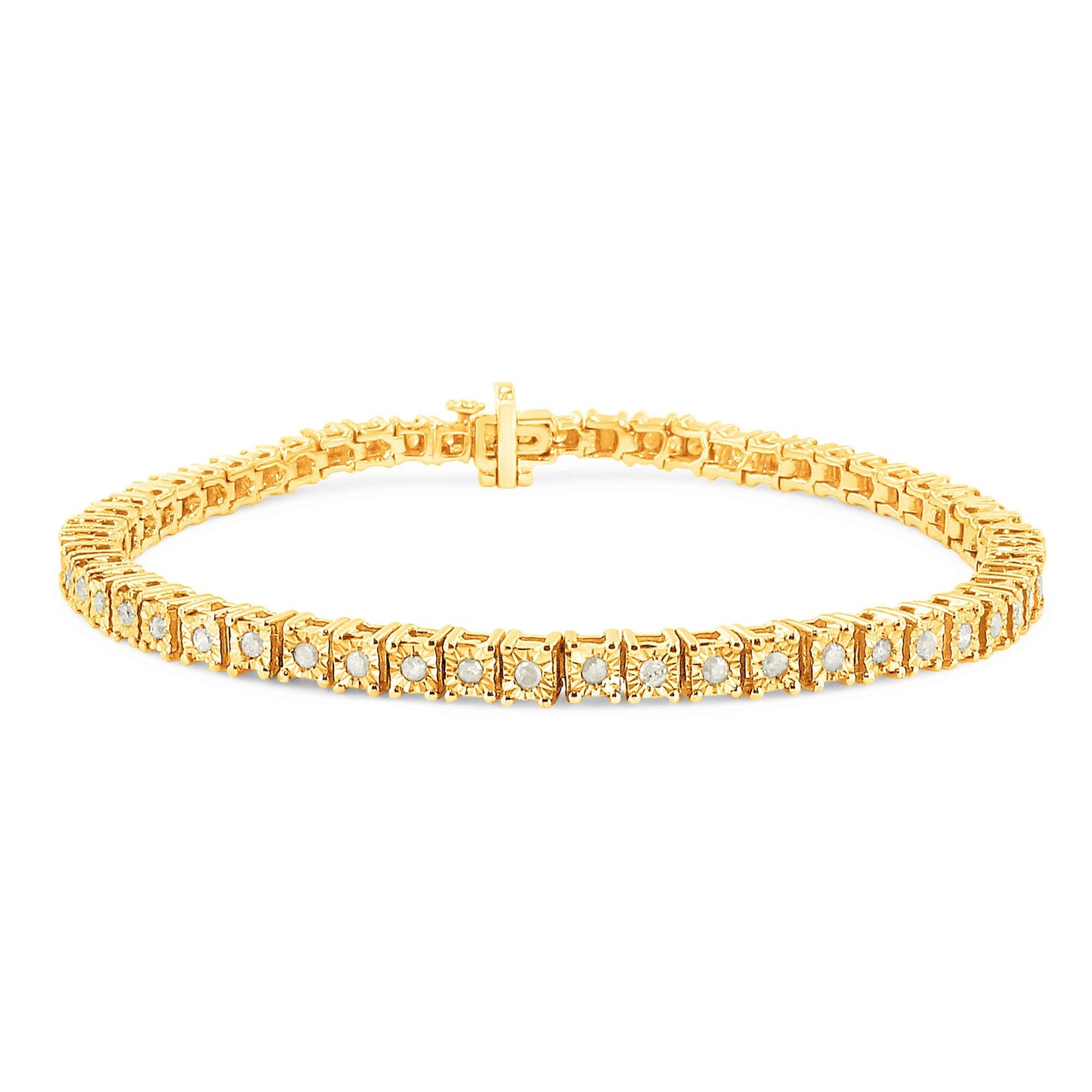 Yellow metal bracelet with round white gemstones in a miracle setting, shown from a front angle.