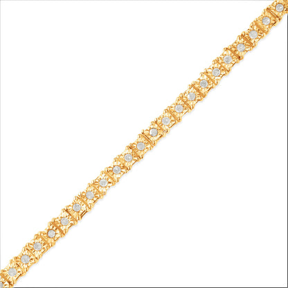 Diagonal close-up of a yellow bracelet with round white gemstones in miracle settings.