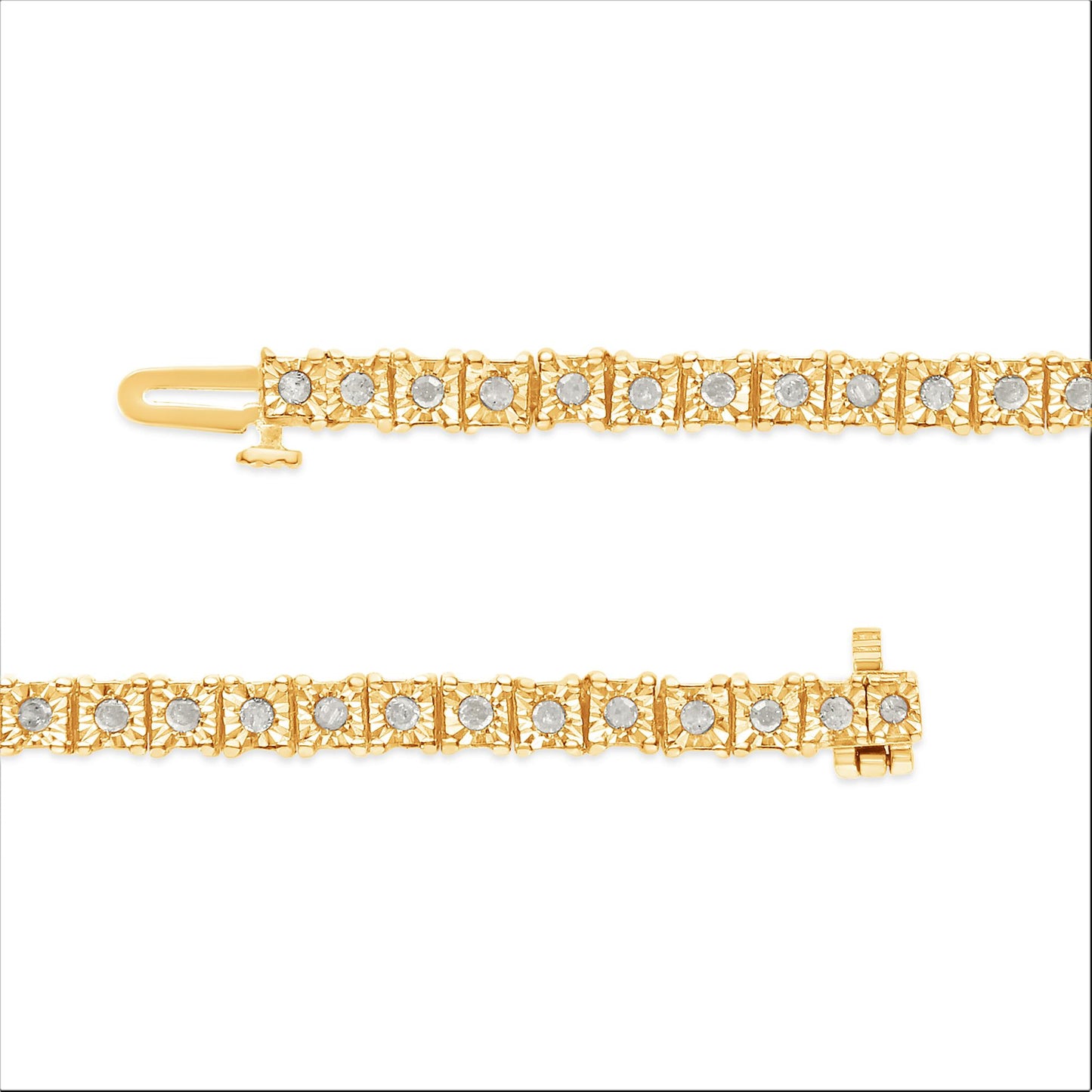 Close-up front view of a yellow bracelet with round white gemstones in miracle settings, shown open on a white background.