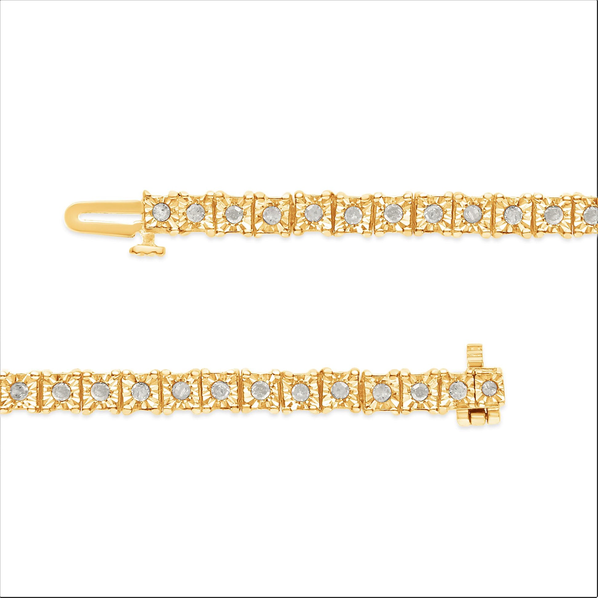 Close-up front view of a yellow bracelet with round white gemstones in miracle settings, shown open on a white background.