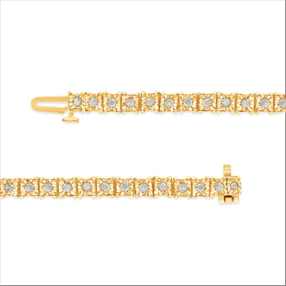 Close-up front view of a yellow bracelet with round white gemstones in miracle settings, shown open on a white background.