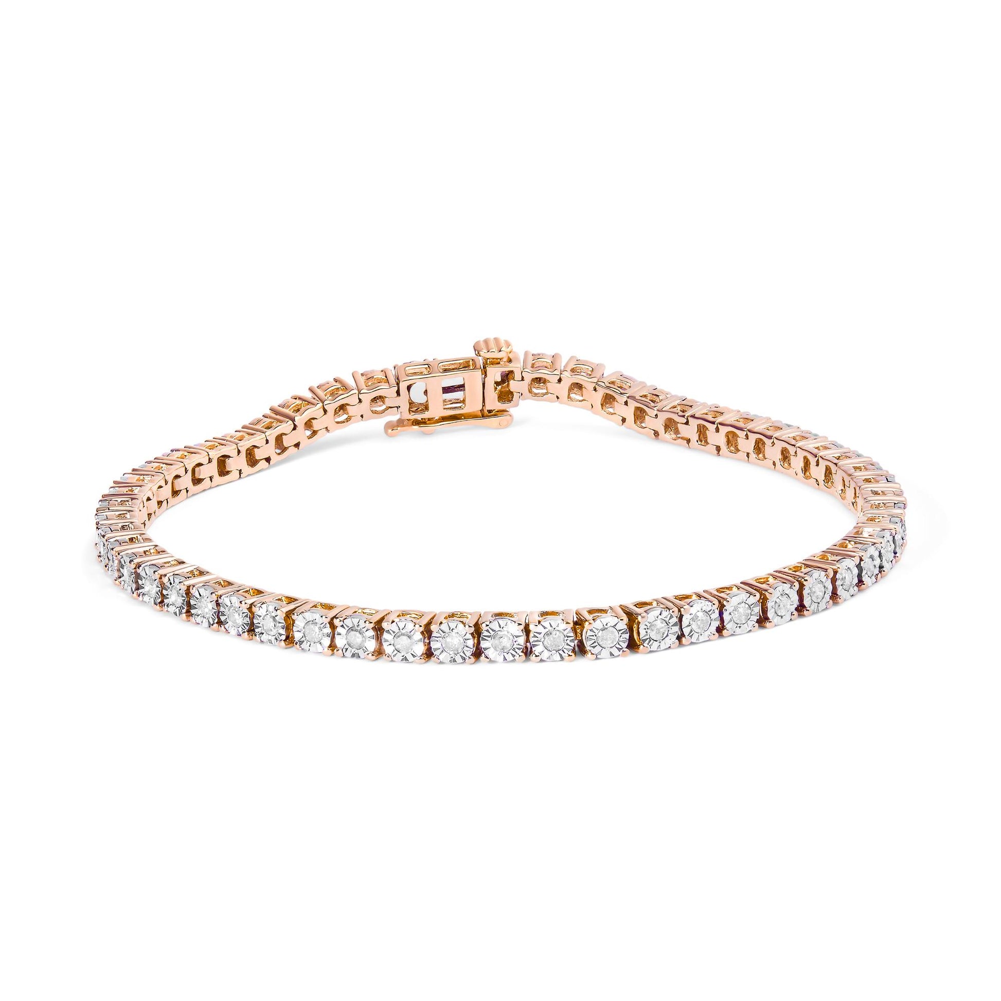 Bracelet in rose metal with a row of round white gemstones in miracle setting, photographed from an angled top view.