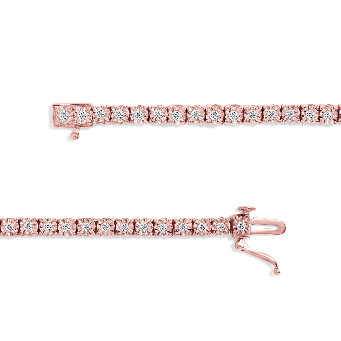 Close-up front view of a rose-colored bracelet with round white gemstones set in a miracle setting, showing the clasp open on a white background.