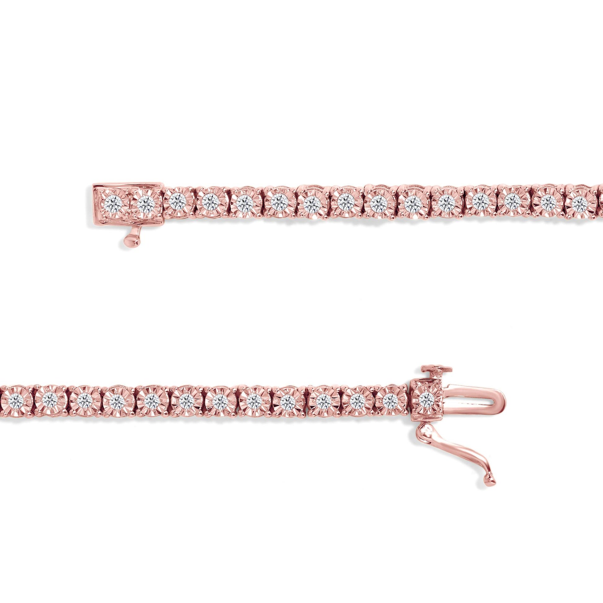 Close-up front view of a rose-colored bracelet with round white gemstones set in a miracle setting, showing the clasp open on a white background.