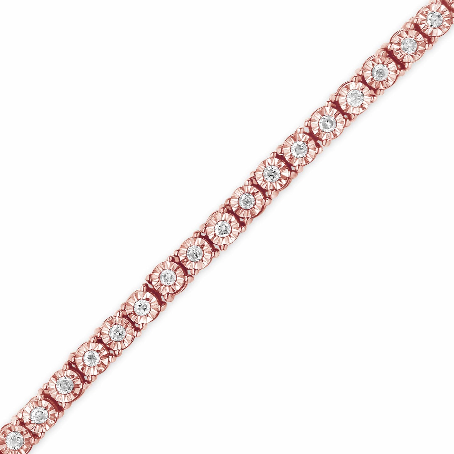 Close-up angled view of a rose-colored bracelet with round white gemstones set in a floral-inspired pattern.