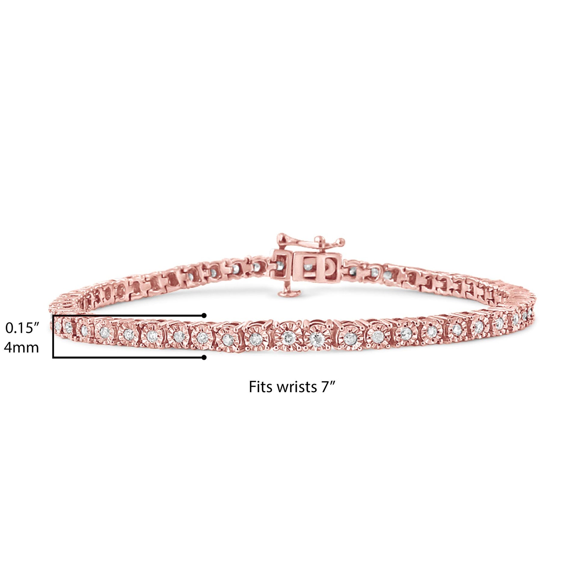 Rose-colored bracelet with round white gemstones in miracle setting, shown from a front angle.