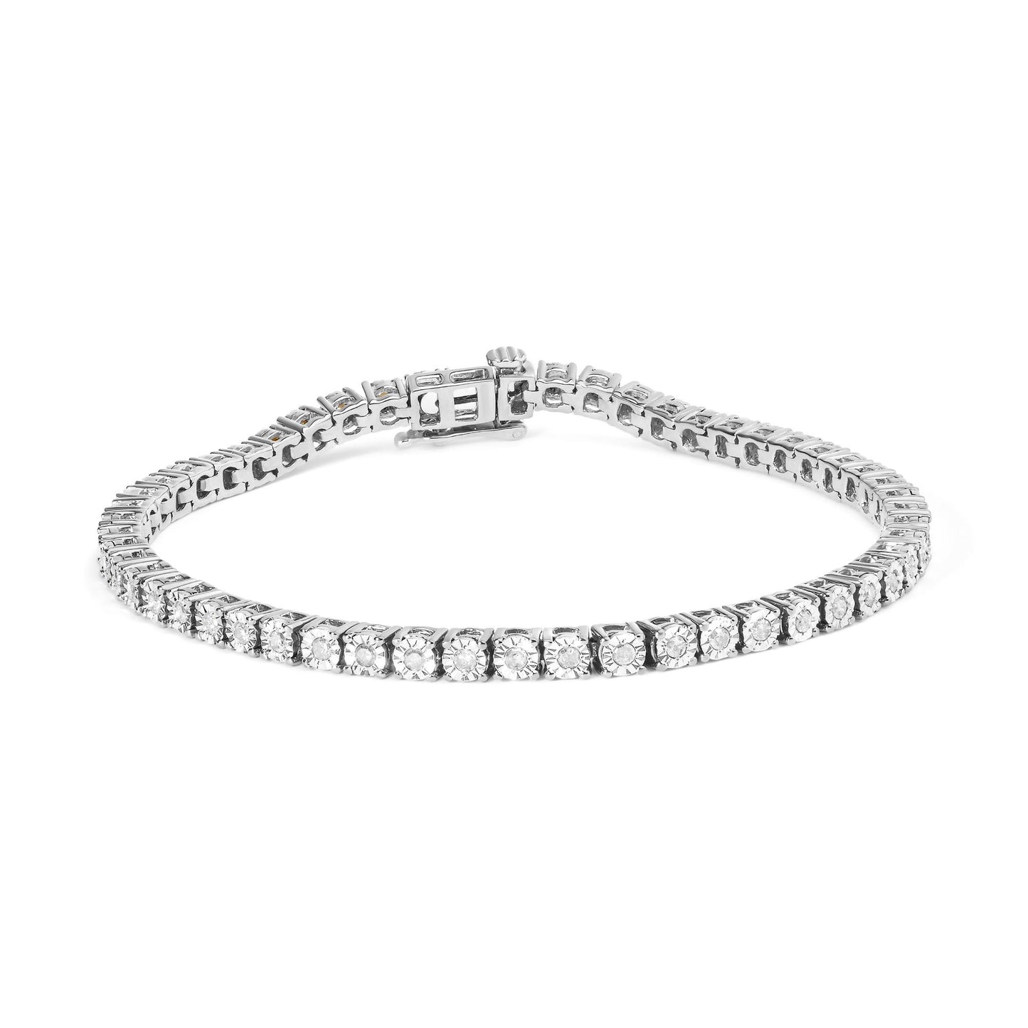 White metal bracelet with round white gemstones in miracle setting, shown from front angle.