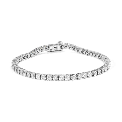 White metal bracelet with round white gemstones in miracle setting, shown from front angle.