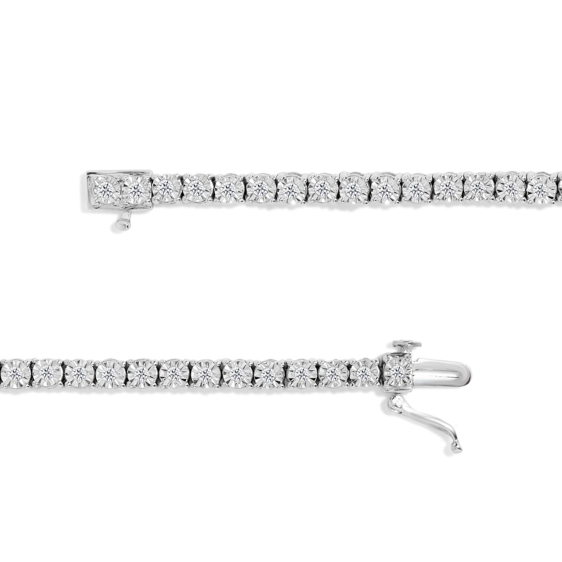 Close-up top view of a white metal bracelet with round white gemstones in miracle settings, showing the clasp partially open on a white background.