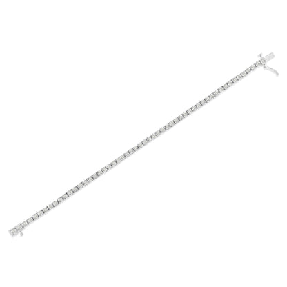 White metal bracelet with a single row of round white gemstones in miracle settings, shown from a top angle.
