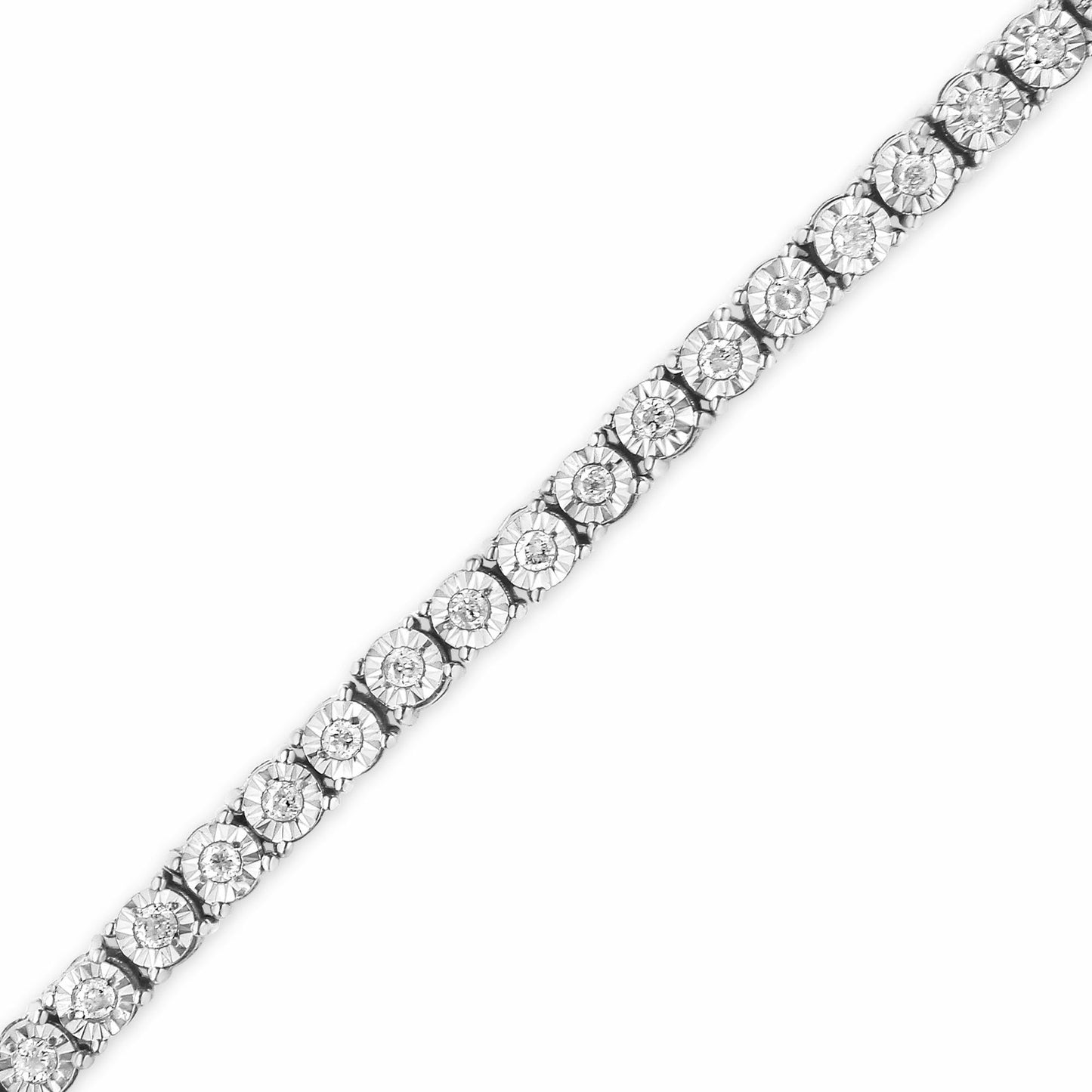 Close-up view of a white bracelet set with round white gemstones in miracle settings, shown diagonally.