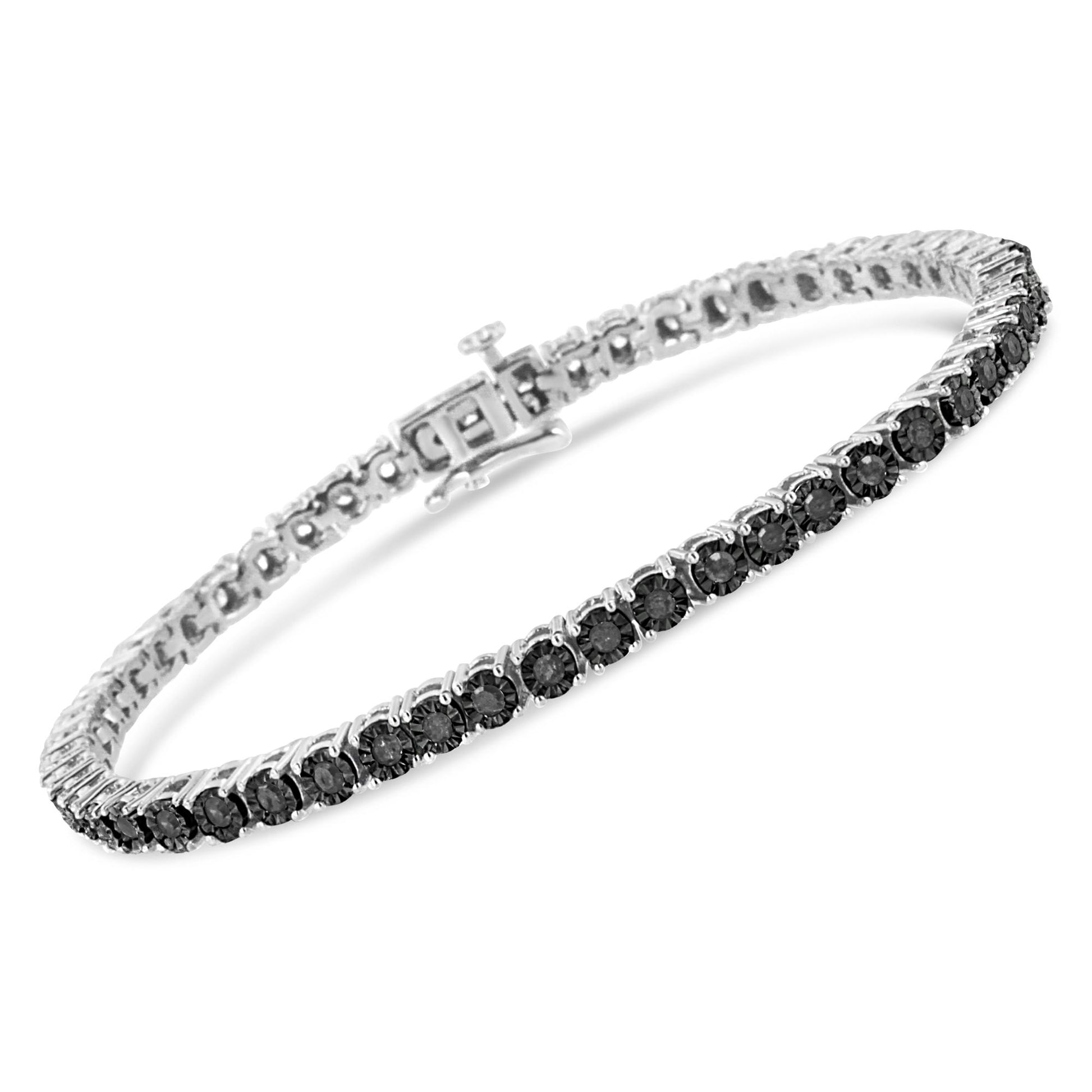 White metal bracelet with round black gemstones in a miracle setting, shown at a slight angle with clasp visible.