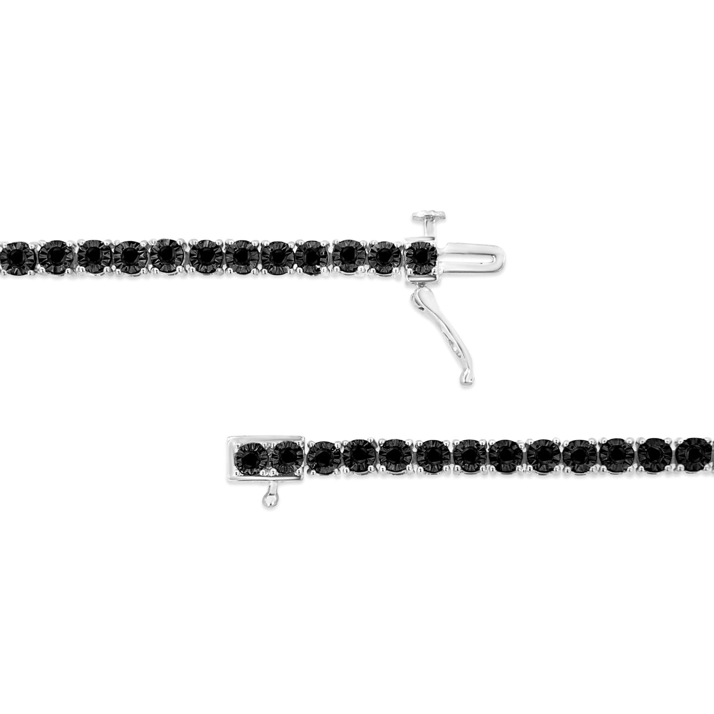 Close-up top view of a white metal bracelet with round black gemstones in a miracle setting, showing the clasp open against a white background.