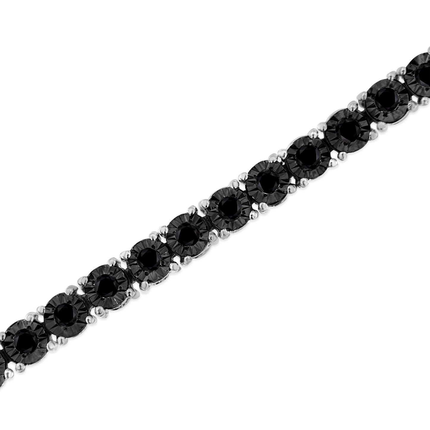White metal bracelet with round black gemstones in miracle setting, photographed at a slight angle.