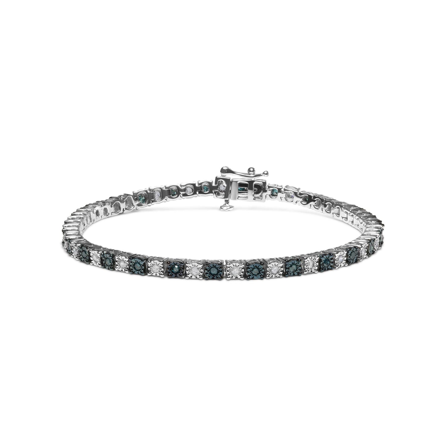 White metal bracelet with alternating blue and white round and rose-shaped gemstones in miracle settings, shown from a front angle with clasp visible.