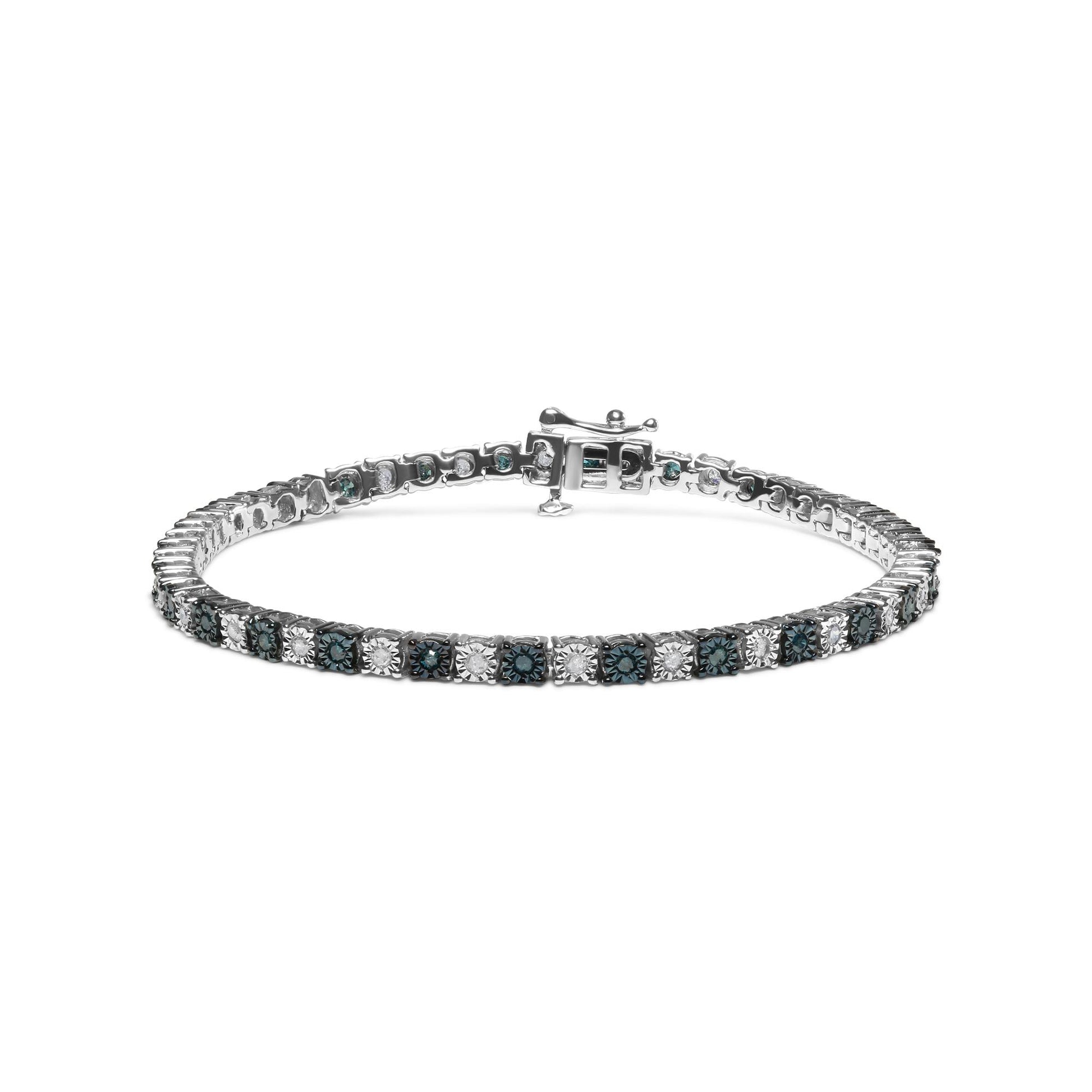 White metal bracelet with alternating blue and white round and rose-shaped gemstones in miracle settings, shown from a front angle with clasp visible.