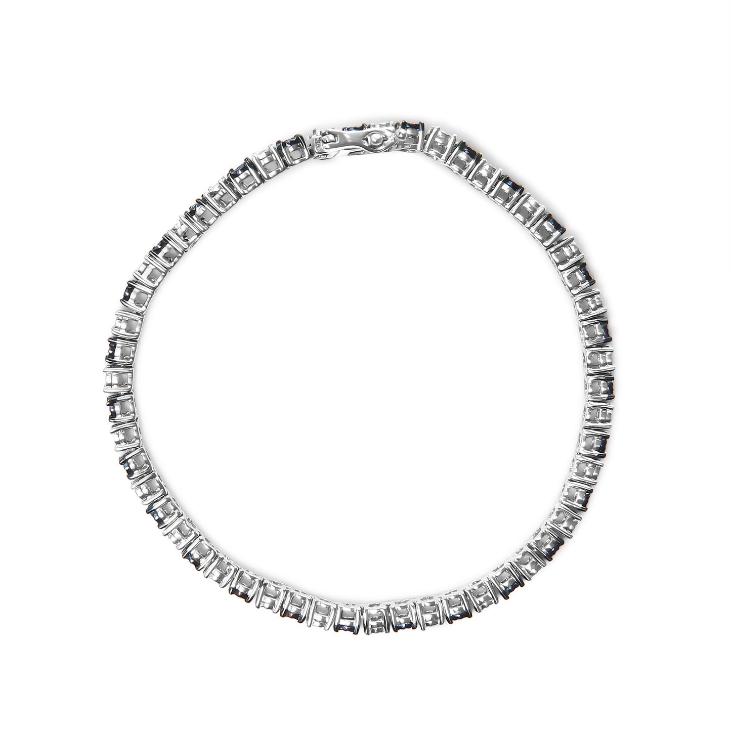 Top-down view of a white metal bracelet featuring alternating blue round gemstones and white rose-shaped gemstones in a continuous pattern with a clasp.