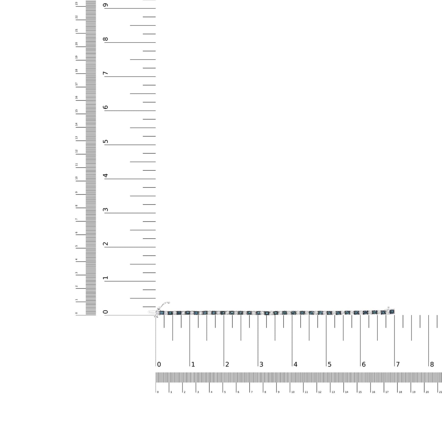 White metal bracelet with alternating blue and white round and rose-shaped gemstones, displayed flat on ruler and scale for size reference, top-down angle.