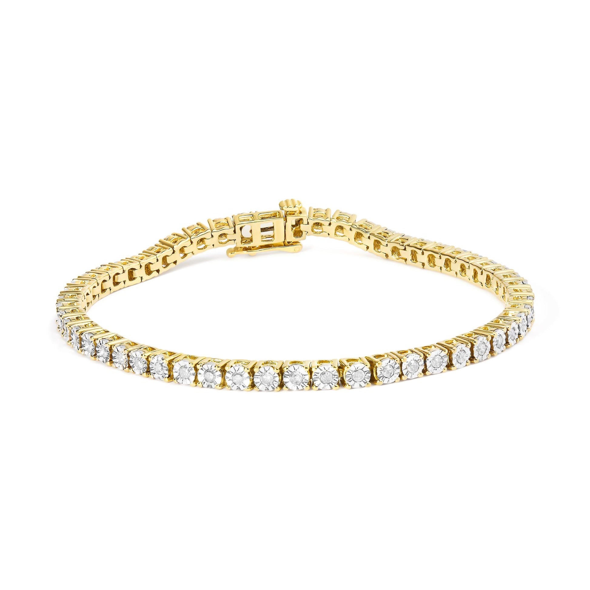 Yellow metal bracelet with round white gemstones in a miracle setting, shown from a front angled view.