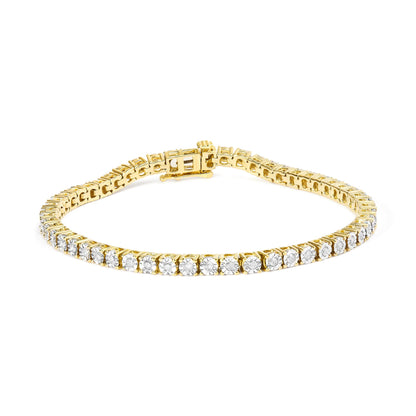 Yellow metal bracelet with round white gemstones in a miracle setting, shown from a front angled view.