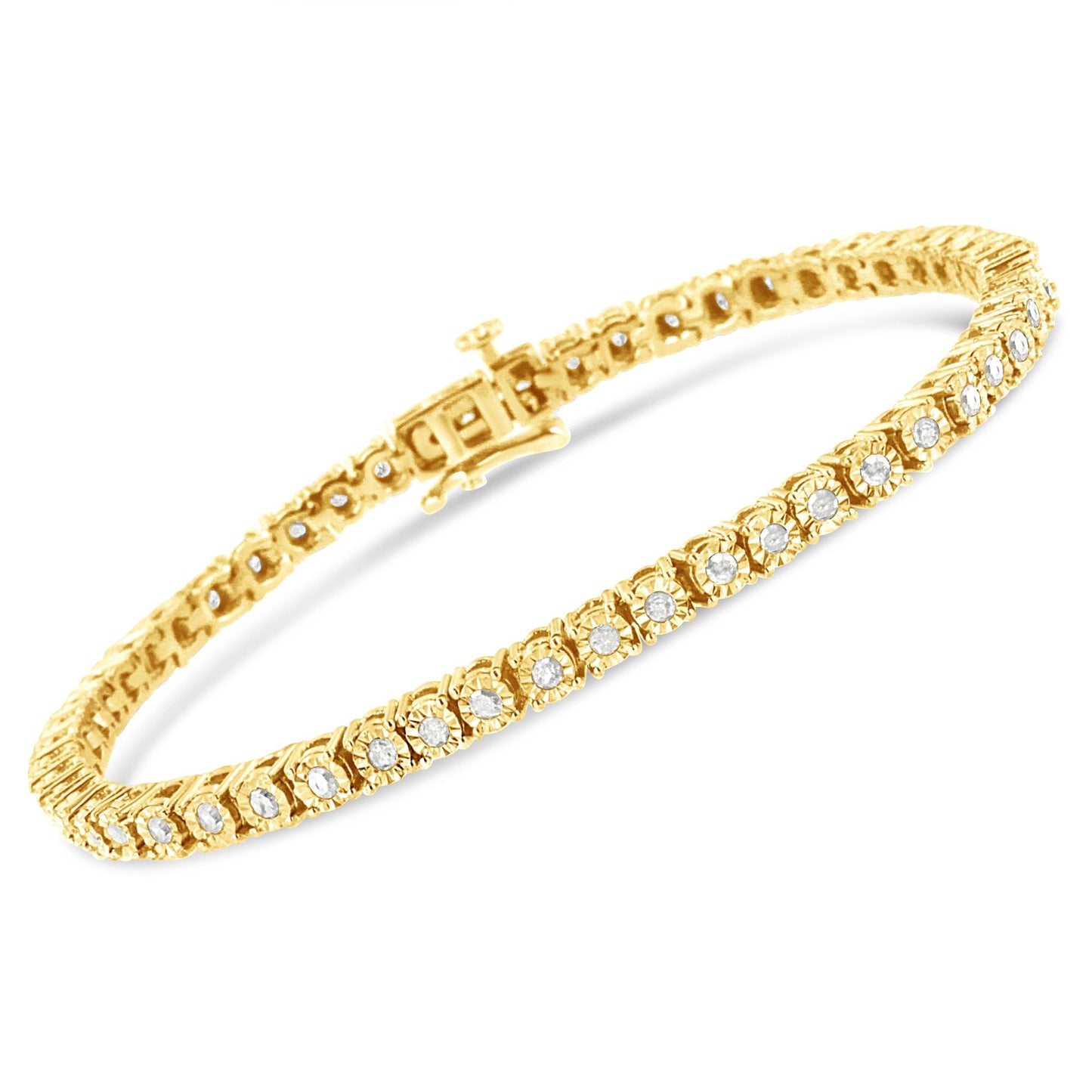 Yellow metal bracelet with round white gemstones set in a miracle setting, shown from a front angled view.