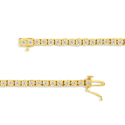 Close-up top view of a yellow bracelet featuring round white gemstones set in a miracle setting along the length, showing the clasp open.