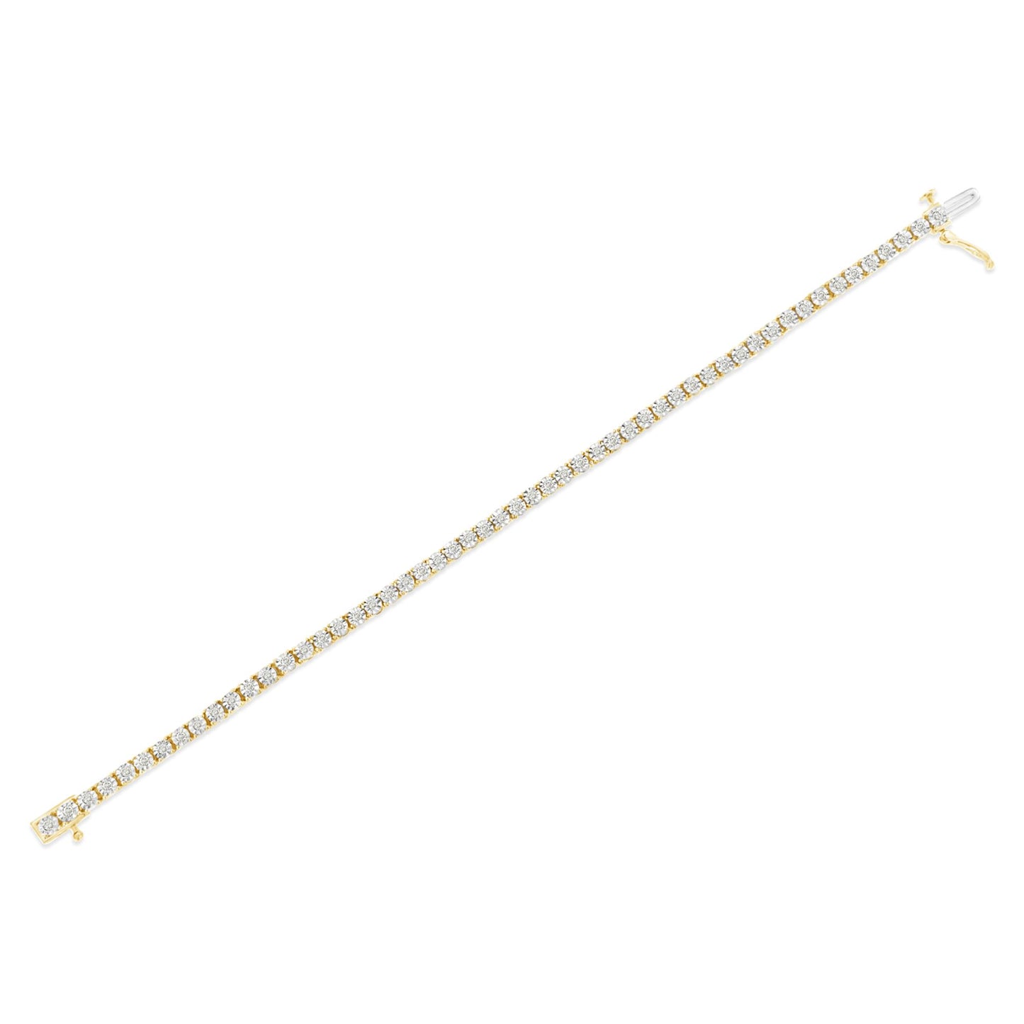 Yellow metal bracelet with round white gemstones in miracle setting, shown in a flat, diagonal top-down view.