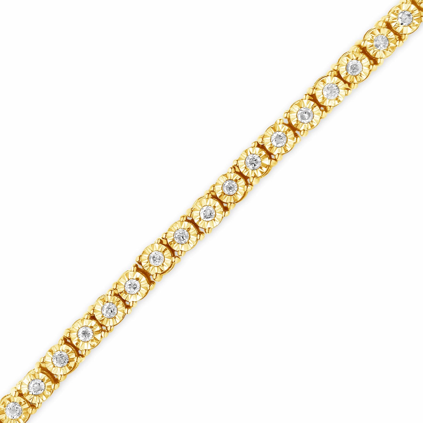 Diagonal close-up of a yellow metal bracelet featuring round white gemstones in a miracle setting along its length on a white background.